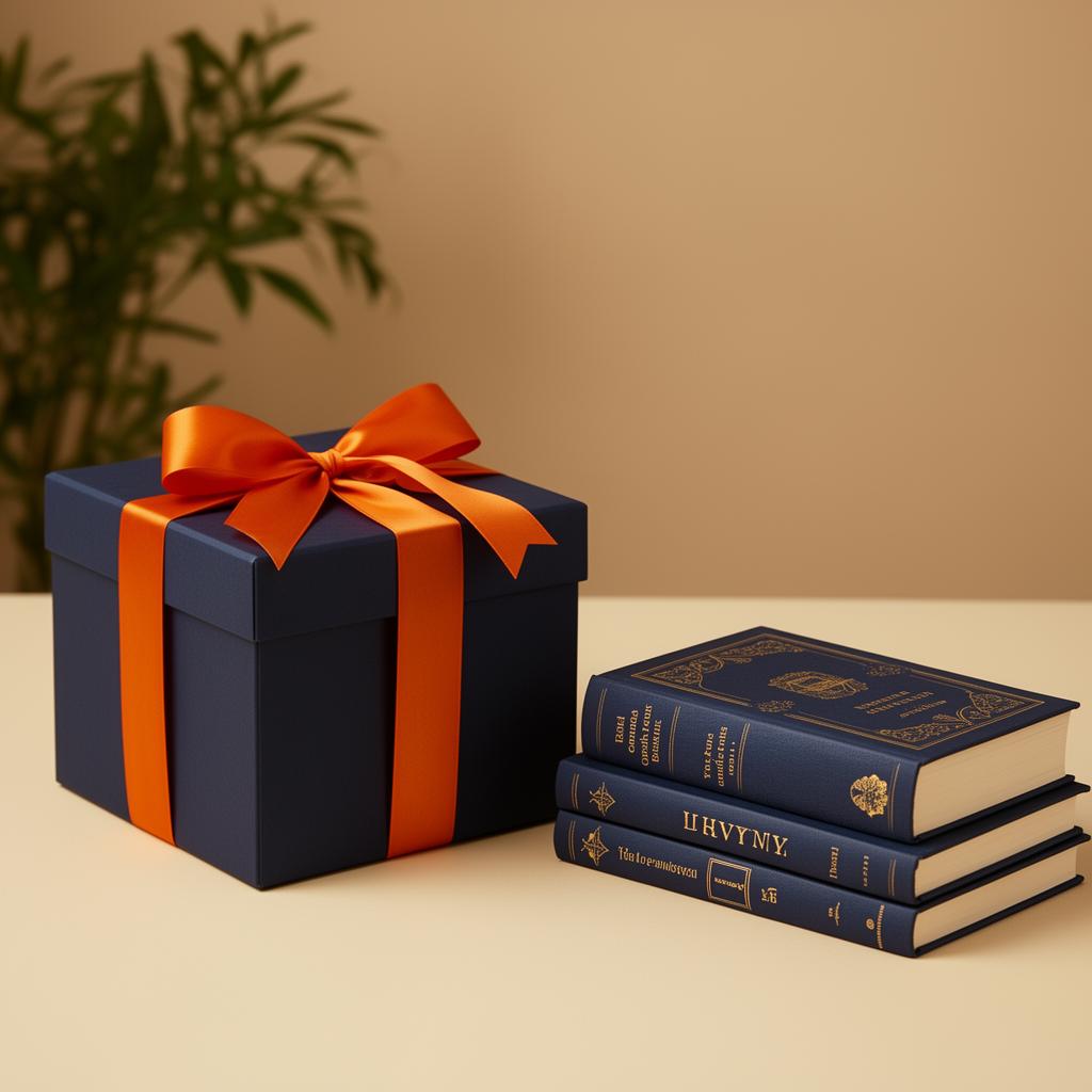 A navy gift box with an orange ribbon beside premium books