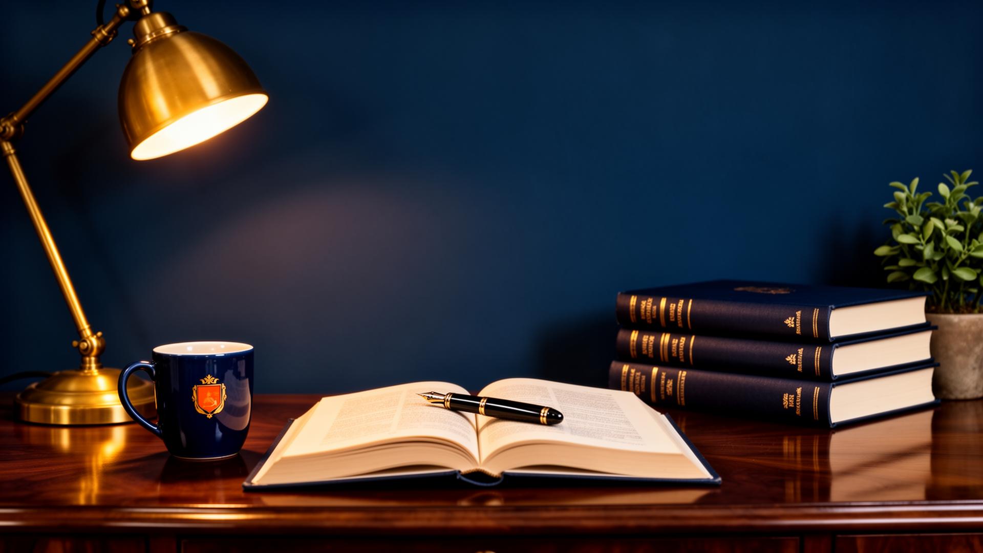 A warmly lit navy study desk with stacked premium gold-foil books, an open book, a brass lamp and a House of Books coffee mug